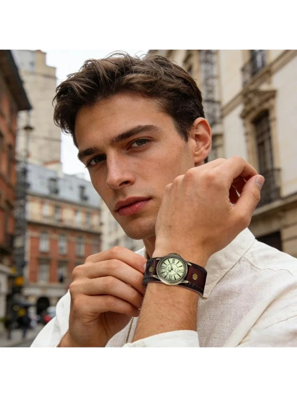 Unisex Brown Analog Quartz Roman Numerals Wide Leather Strap Vintage Wrist Watch